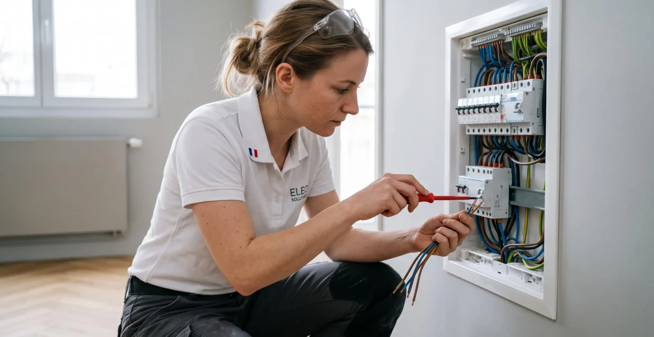 Électricienne réalisant des connexions de précision dans un tableau électrique résidentiel.