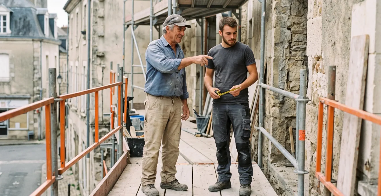 Deux professionnels du bâtiment collaborant sur un chantier de rénovation en extérieur.